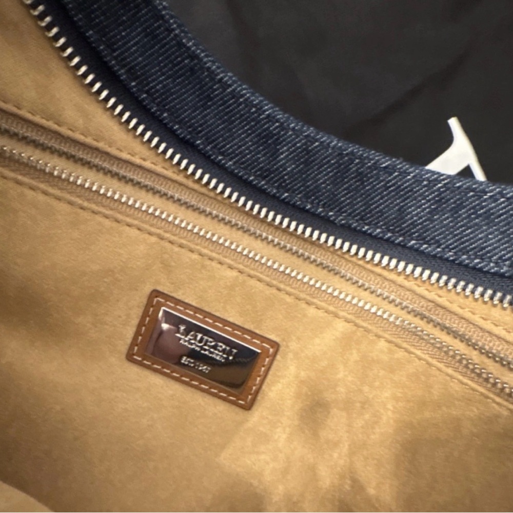 Lauren Ralph Lauren Denim Crescent Shoulder Bag with Tan Leather Trim - Picture 6 of 8